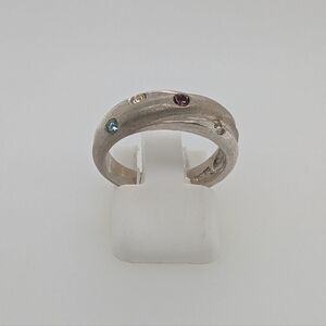 Sterling Silver Ring w/ Amethyst, Blue Topaz, CZ, & Satin Finish Details